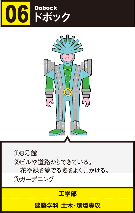 06 ドボック/①8号館②ビルや道路からできている。花や緑を愛でる姿をよく見かける。/工学部 建築学科 土木・環境専攻